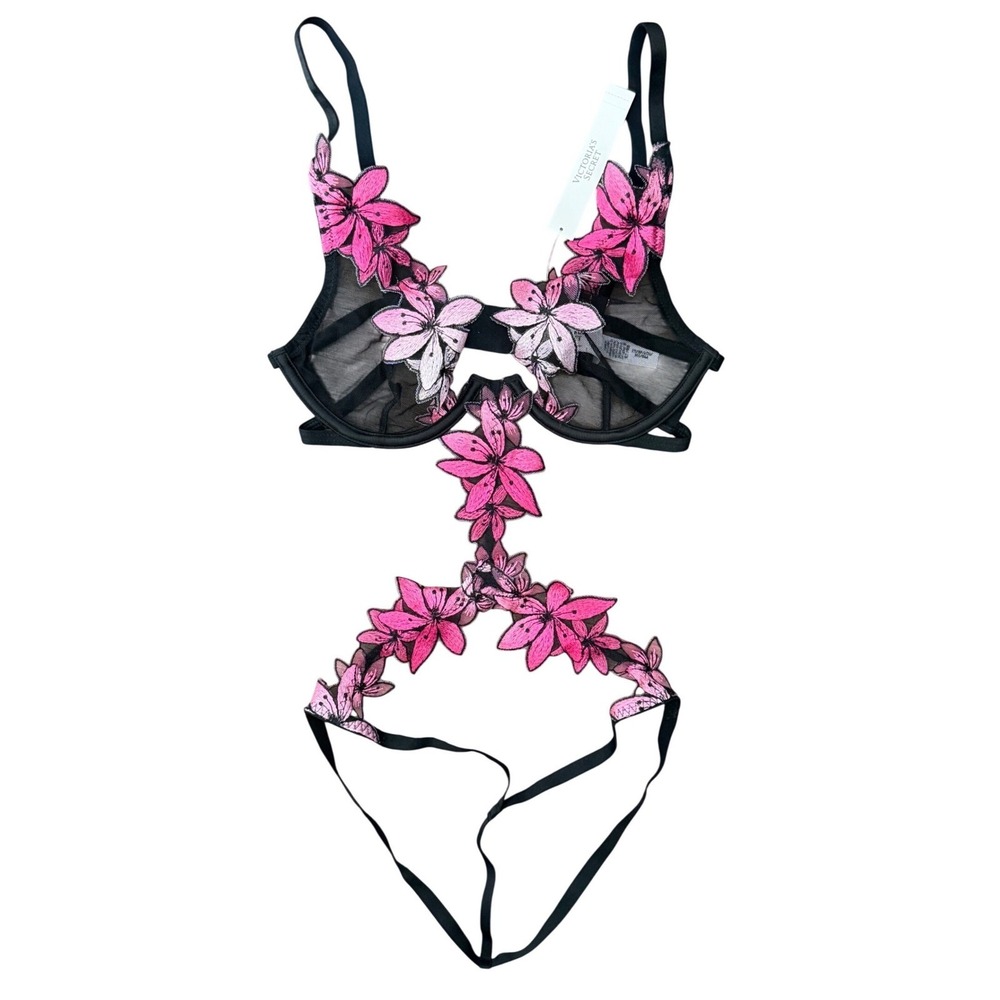 Victoria's Secret Floral Embroidered Mesh Teddy Bodysuit Black Pink S NWT - Picture 1 of 2